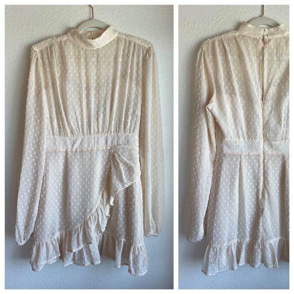NWT Showpo. Tiahna Long Sleeve High Neck Ruffle Swiss Dot Dress in Cream Size 6 - Picture 15 of 15